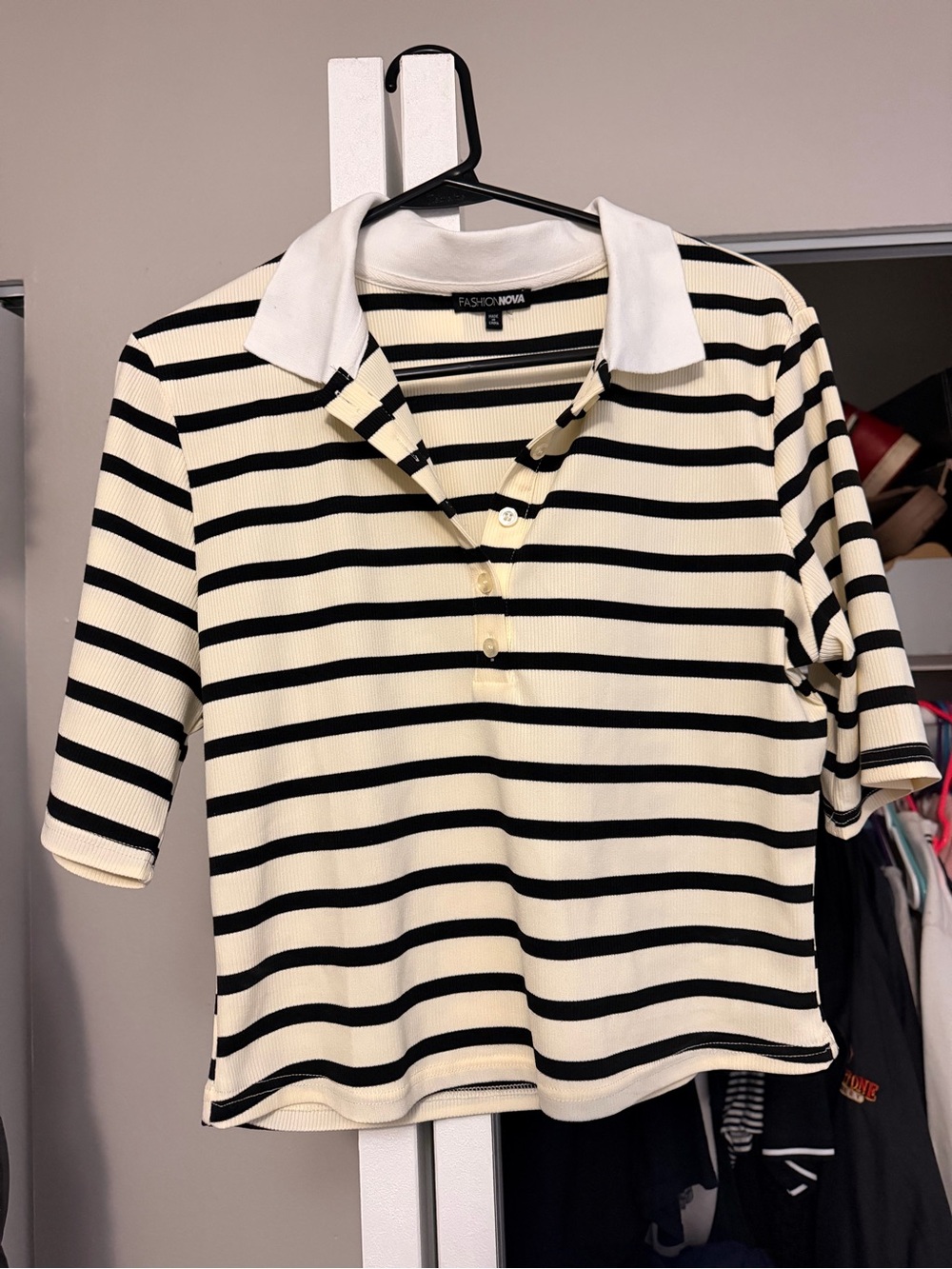 2 Fashion Nova Cream & Black Striped Ribbed Polo Shirt & Green & Cream